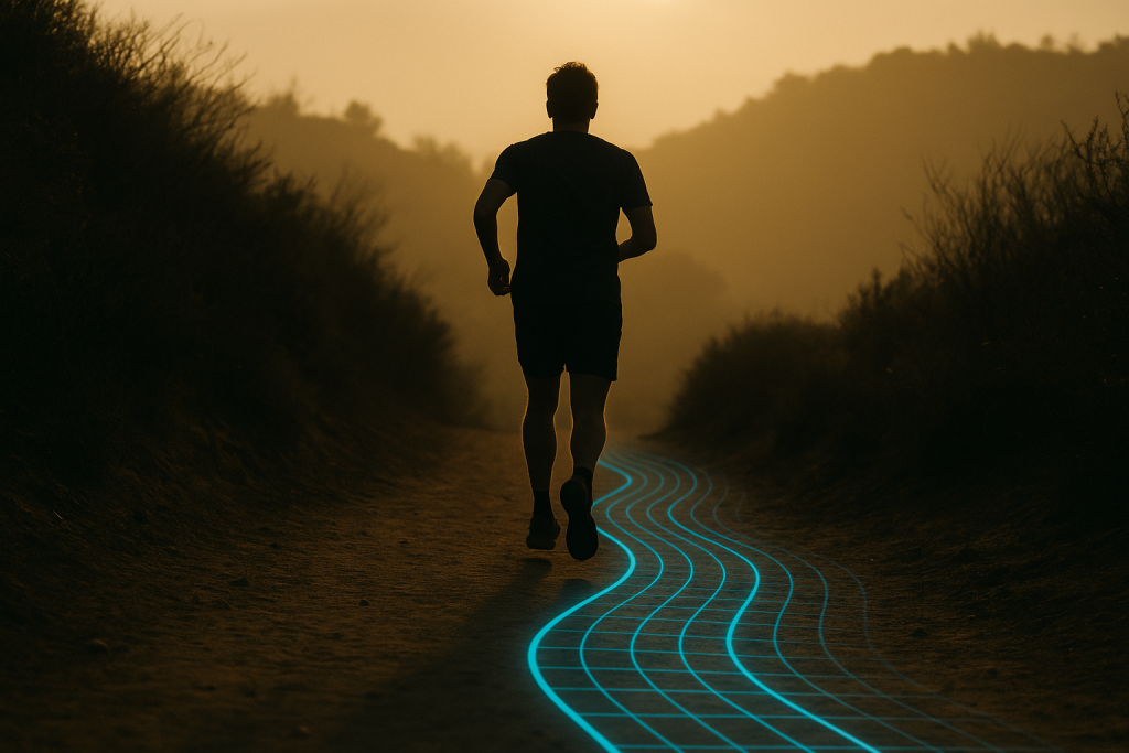 Trail runner heading into the horizon with digital glow effect.