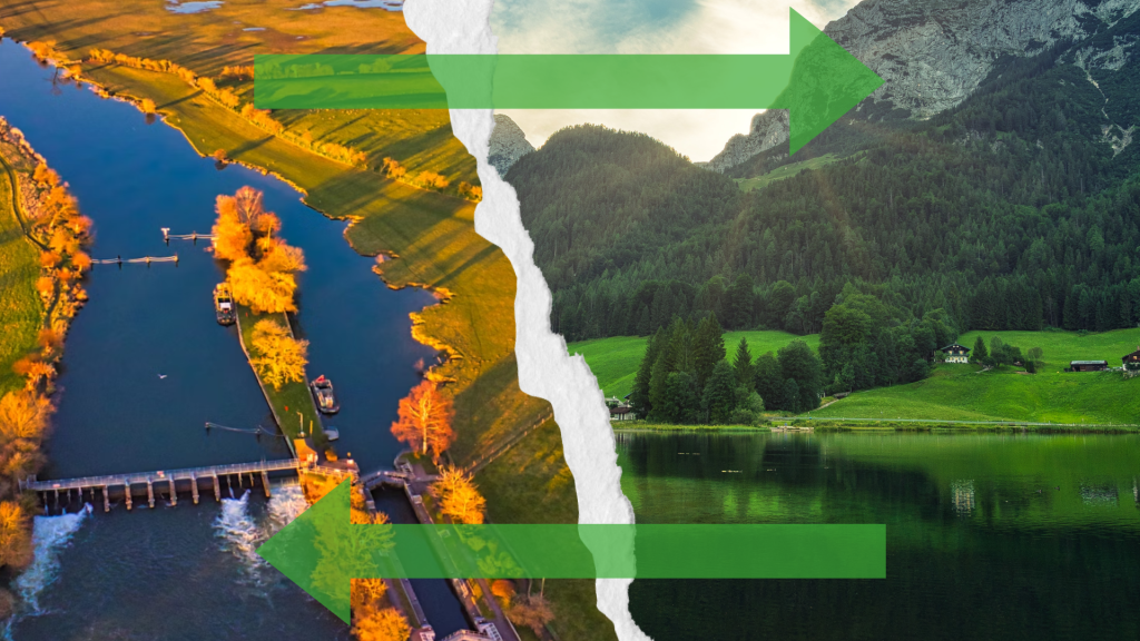 Comparison of mountain trail and flat riverside path showing universal training principles.